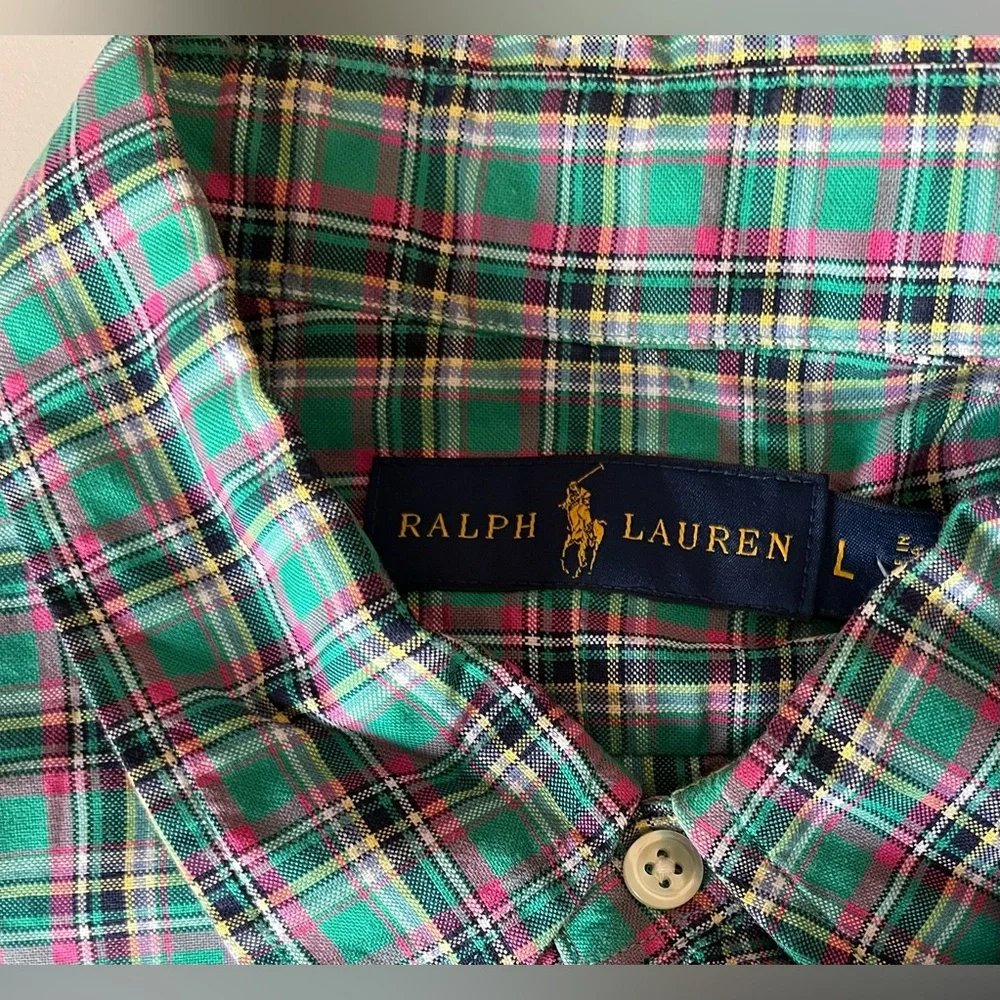 Men’s Polo Ralph Lauren Long Sleeve Button Down Dress Shirt Plaid Pink Green L